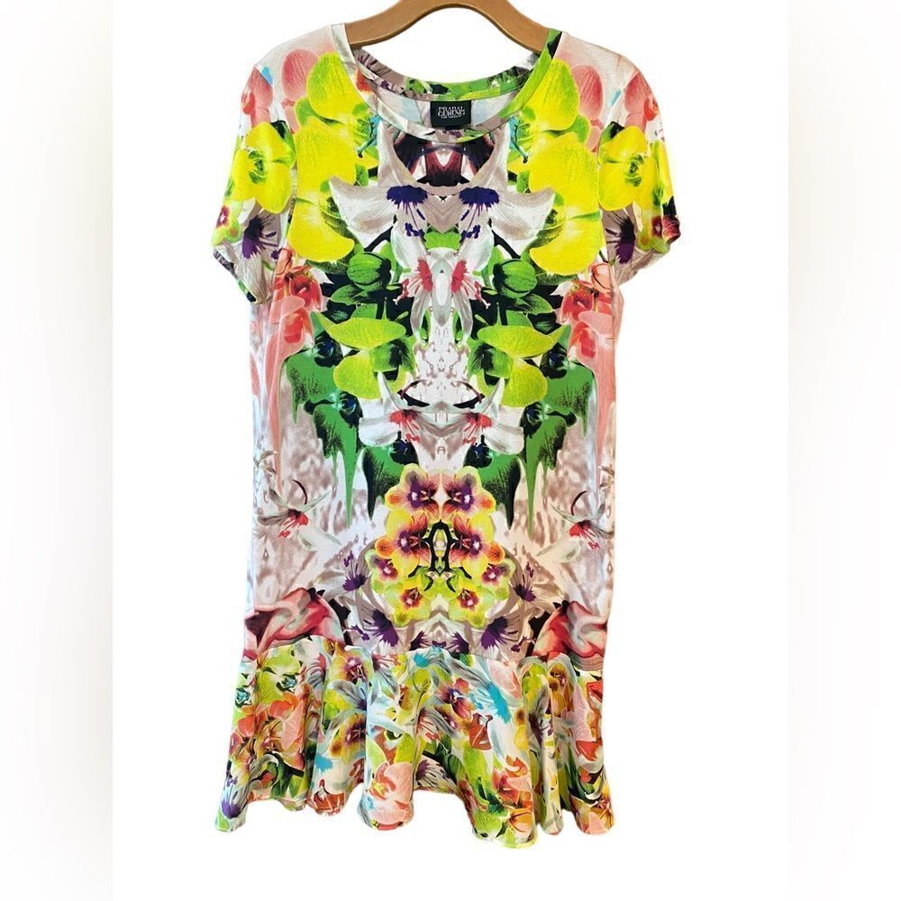 Parabal Gurung Sz M Néon Yellow Ink Blot Print Sheer Kick Hem Shift Dress